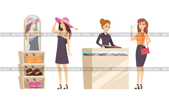Female trying different hats in shop set vector. Jewelry store with consultant advising to buy gold ring with diamond. Customer with precious stone. Female Trying Different Hats in Shop Set Vector. Стоковая иллюстрация, агентство Ingram Publishing / Фотобанк Лори