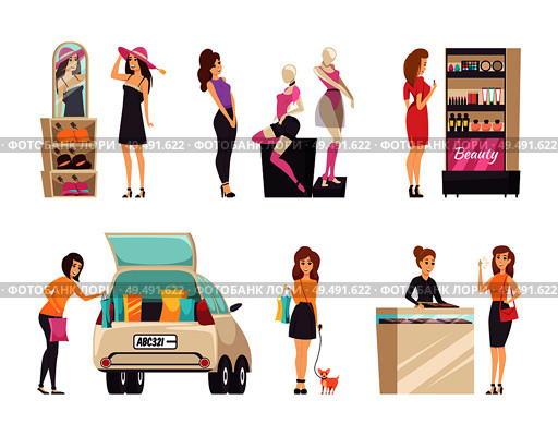 Females shopping at stores and purchasing clothes, dresses and hats. Cosmetics and food shop, car with paper bags, lady with toy dog walking vector. Females Shopping Store Purchasing Clothes Vector. Стоковая иллюстрация, агентство Ingram Publishing / Фотобанк Лори