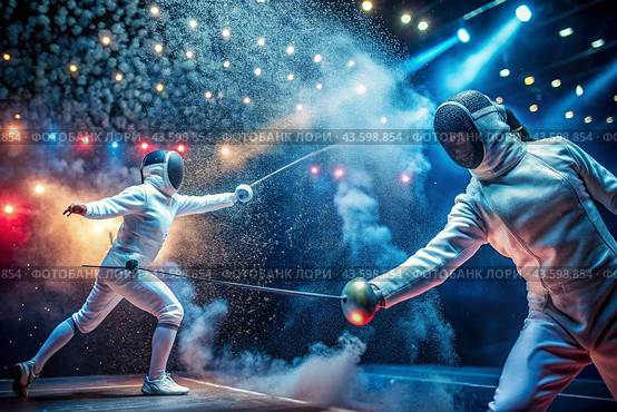 Fencers in the arena with rapiers in their hands during training are fighting a duel. Sports fencing. Fencing is a type of Summer Olympic Games. Стоковое AI-изображение, AI-художник Photojuli / Фотобанк Лори