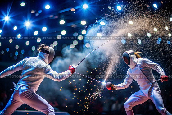 Fencers in the arena with rapiers in their hands during training are fighting a duel. Sports fencing. Fencing is a type of Summer Olympic Games. Стоковое AI-изображение, AI-художник Photojuli / Фотобанк Лори
