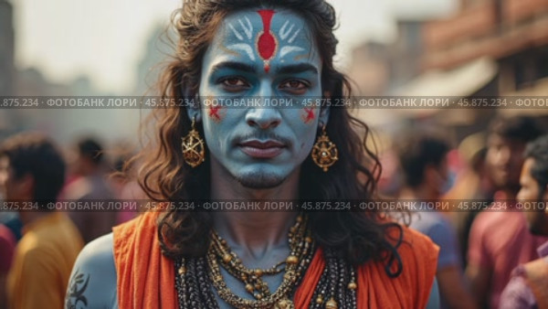 Festival Parade Showcases Male Participant Dressed as Hindu Deity Shiva During Maha Shivaratri Celebrations in Vibrant Cultural Display. Стоковое AI-видео, аниматор Sergey Grishin / Фотобанк Лори