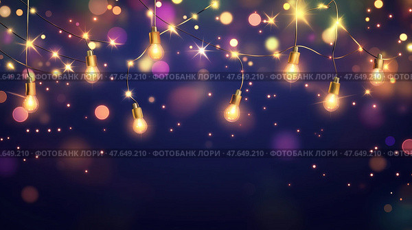 Festive blue purple golden luminous background with colorful lights bokeh. Праздничный синий фиолетовый золотой светящийся фон с разноцветными огнями боке. Стоковое AI-изображение, AI-художник Katsiaryna Repich / Фотобанк Лори
