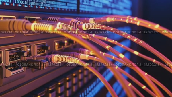 Fiber optic cables transmit data in server rack. Стоковое AI-видео, аниматор Юрий Поздников / Фотобанк Лори