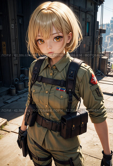Fictional female character in military uniform. Picture in mango style. Generative AI. Стоковое AI-изображение, AI-художник Андрей Аркуша / Фотобанк Лори