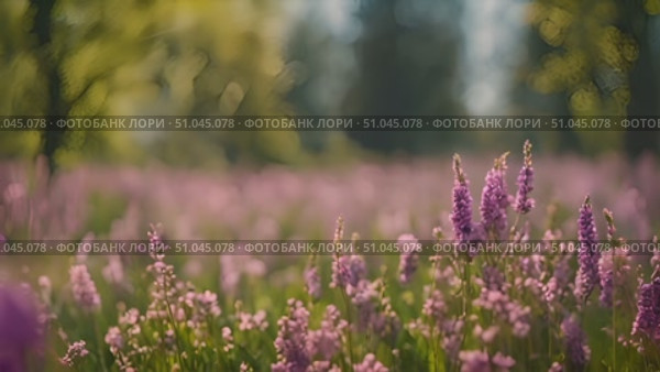 Field covered in purple flowers with tall trees in the background, creating a picturesque natural scene. Стоковое AI-видео, аниматор Данила Большаков / Фотобанк Лори