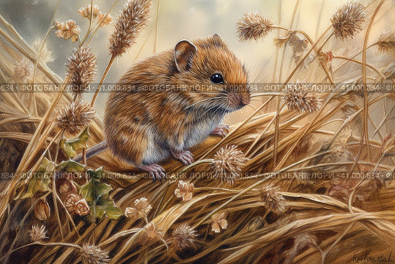 Field mouse among the grass, watercolor style, Generative AI. Стоковое AI-изображение, AI-художник Анна Кривицкая / Фотобанк Лори