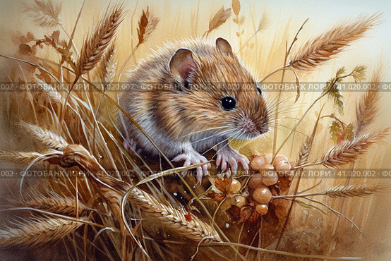 Field mouse among the grass, watercolor style, Generative AI. Стоковое AI-изображение, AI-художник Анна Кривицкая / Фотобанк Лори