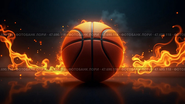 Fiery basketball energy. Стоковое AI-изображение, AI-художник Андрей Бакусов / Фотобанк Лори