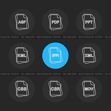 file type , files , documents , file  , doc , ai , psd , pdf , png , jpg , dmg , exe , msd , apk , txt, docx ,xls , html , css  , wav, mp3 , mp4 , db , eps , svg, icon, vector, design,  flat,  collection, style, creative,  icons. Стоковая иллюстрация, агентство Ingram Publishing / Фотобанк Лори