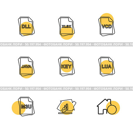 file type , files , documents , file  , doc , ai , psd , pdf , png , jpg , dmg , exe , msd , apk , txt, docx ,xls , html , css  , wav, mp3 , mp4 , db , eps , svg, icon, vector, design,  flat,  collection, style, creative,  icons. Стоковая иллюстрация, агентство Ingram Publishing / Фотобанк Лори
