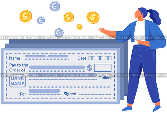Filling out bank check to transfer funds. Woman working with banking and money. Currency transactions, bill payments, taxation. Businesswoman next to security paper for owner bank account data. Filling out bank check to transfer funds. Woman working with security paper for money transactions. Стоковая иллюстрация, агентство Ingram Publishing / Фотобанк Лори