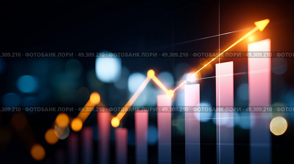 Financial growth chart illustrating rising trends in market performance with blurred city lights in the background. Стоковое AI-изображение, AI-художник Сергей Толмачёв / Фотобанк Лори