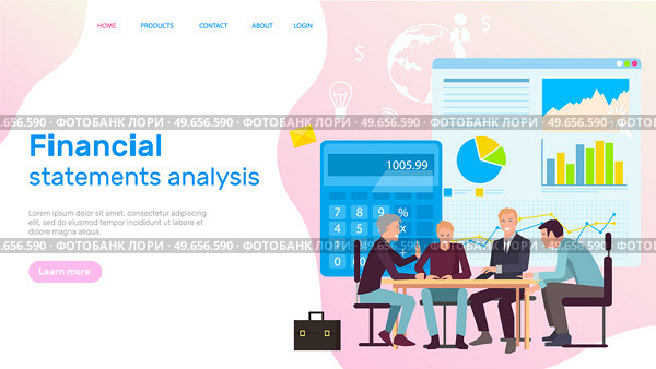 Financial statements analysis and profit online. Male characters with laptop and calculator accounting profit. Website or webpage template, landing page flat design. Analysis of statistical data. Financial statements analysis, statistical data accounting. Business website landing page template. Стоковая иллюстрация, агентство Ingram Publishing / Фотобанк Лори