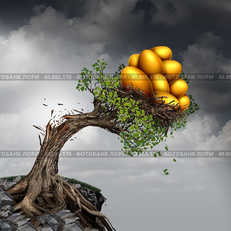 Financial success problem and investment stress symbol as a growing tree breaking due to the excess weight of growth income as a group of golden nest eggs pushing the plant down. Стоковое фото, агентство Ingram Publishing / Фотобанк Лори