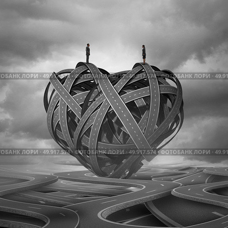 Find Love and a complicated romantic relationship concept as a man and woman on a group of road paths shaped as a heart as a dating or marriage symbol with 3D illustration elements. Стоковое фото, агентство Ingram Publishing / Фотобанк Лори