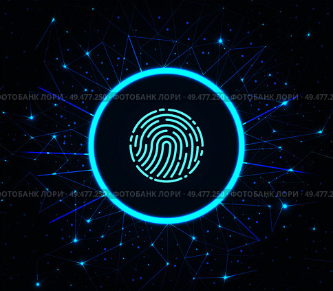 Fingerprint and scanning system of prints recognition. Authentication method of fingermarks scan. Identification poster illuminated digital data storage vector. Fingerprint Scanning System of Prints Recognition. Стоковая иллюстрация, агентство Ingram Publishing / Фотобанк Лори