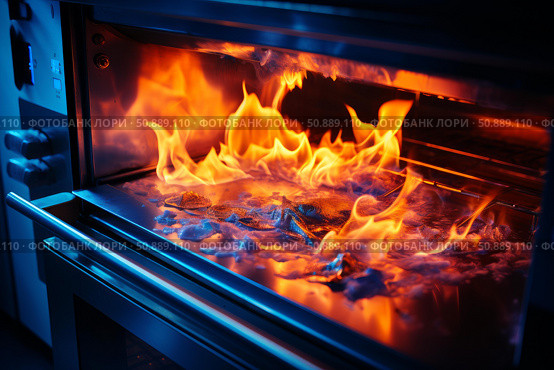 Fire burning inside modern convection oven, kitchen hazard and safety risks. Стоковое AI-изображение, AI-художник Иван Рябоконь / Фотобанк Лори