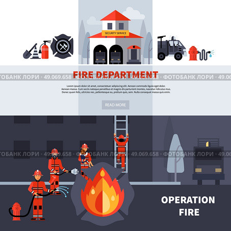 Fire Department Banners. Fire department and extinguishing fire banners with fire station building and fireman brigade with extinguishers flat vector illustration . Стоковая иллюстрация, агентство Ingram Publishing / Фотобанк Лори
