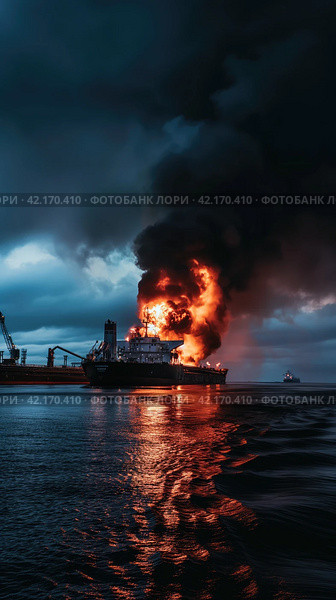 Fire on an offshore oil tanker. Стоковое AI-изображение, AI-художник Кирилл Черезов / Фотобанк Лори