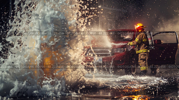Firefighter Combats Flames From Red Vehicle During Intense Fire Suppression Effort. Стоковое AI-изображение, AI-художник Данила Большаков / Фотобанк Лори