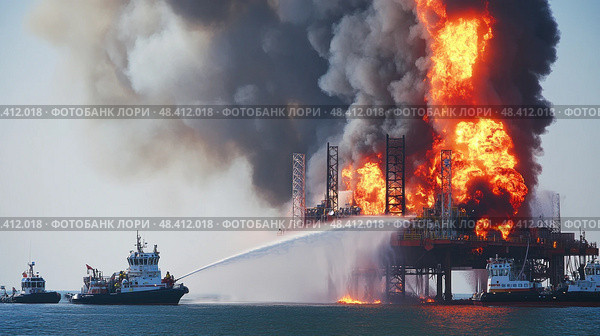 Firefighters extinguishing burning offshore oil rig platform. Стоковое AI-изображение, AI-художник Юрий Поздников / Фотобанк Лори