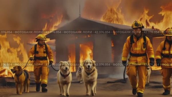 Firefighters rescue dogs from flames. Стоковое AI-видео, аниматор Юрий Поздников / Фотобанк Лори