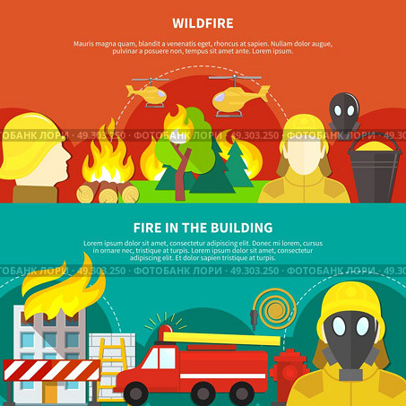 Firefighting Banners Set. Colorful firefighting banners set with forest wildfire and burning building flat isolated vector illustration. Стоковая иллюстрация, агентство Ingram Publishing / Фотобанк Лори