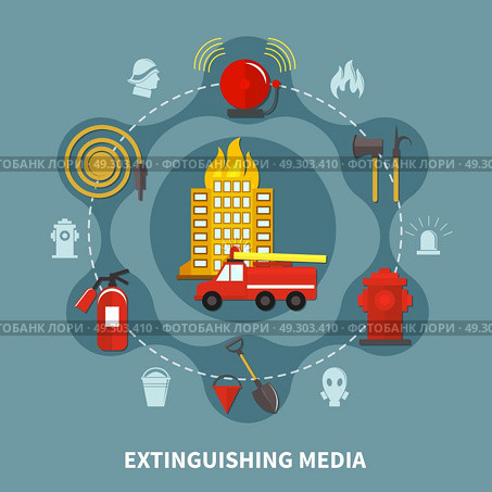 Firefighting Extinguishing Media. Burning building and firefighting extinguishing media concept on grey background flat vector illustration. Стоковая иллюстрация, агентство Ingram Publishing / Фотобанк Лори