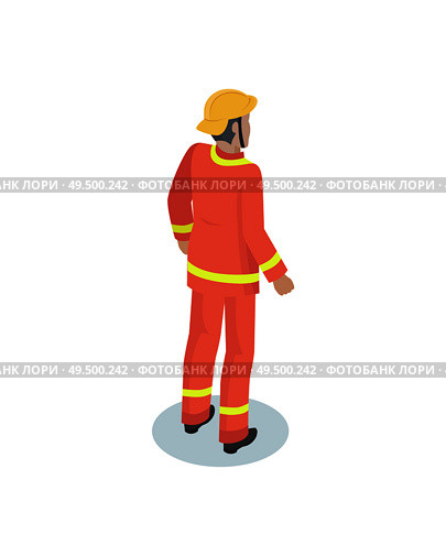 Fireman in uniform, working concept vector icon. Standing man from back, in crash helmet and flameproof jacket and trousers, cartoon style emblem. Fireman in uniform, working concept vector icon. Стоковая иллюстрация, агентство Ingram Publishing / Фотобанк Лори