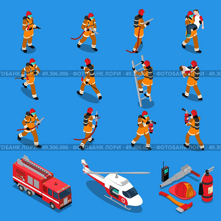 Fireman Isometric Set. Fireman isometric set of firefighters in different situations truck helicopter extinguisher axe hose helmet isolated vector illustration. Стоковая иллюстрация, агентство Ingram Publishing / Фотобанк Лори