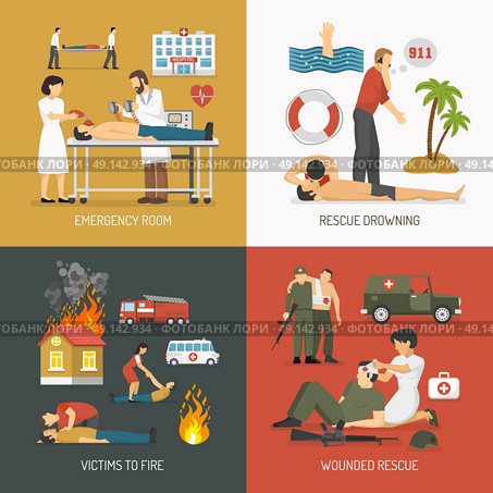 First Aid Concept 4 Flat Icons. First air assistance for drowning and fire victims rescue on spot 4 flat icons square isolated vector illustration  . Стоковая иллюстрация, агентство Ingram Publishing / Фотобанк Лори