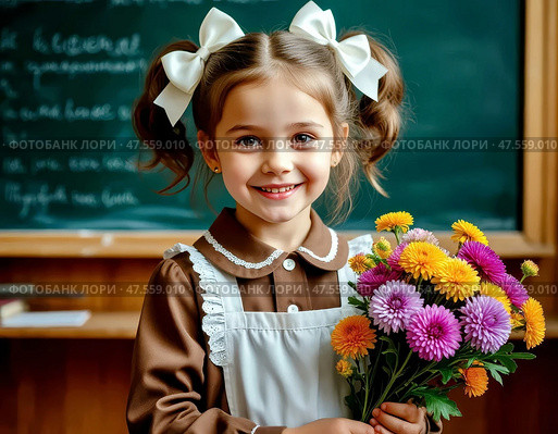First-grader with a beautiful bouquet of autumn asters. September 1 - Knowledge Day. Стоковое AI-изображение, AI-художник Сергей Елизарьев / Фотобанк Лори