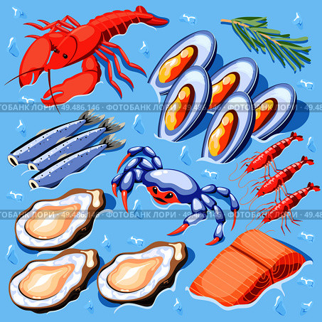Fish superfood isometric poster with mussels crawfish crabs shrimp oysters lobster icons vector illustration. Стоковая иллюстрация, агентство Ingram Publishing / Фотобанк Лори