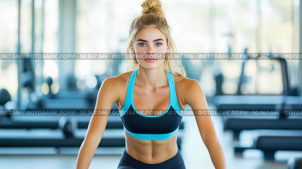 Fit young woman with blonde hair and blue eyes ready for a challenging workout session in a bright gymnasium. Стоковое AI-изображение, AI-художник Данила Большаков / Фотобанк Лори