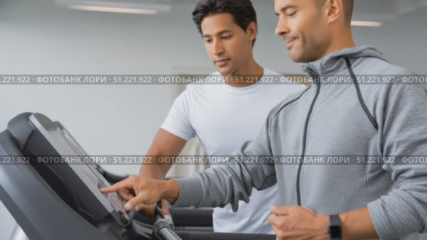 Fitness professional adjusting treadmill controls, coaching client during personalized training session in sleek, well equipped health club interior. Стоковое AI-видео, аниматор Юрий Поздников / Фотобанк Лори