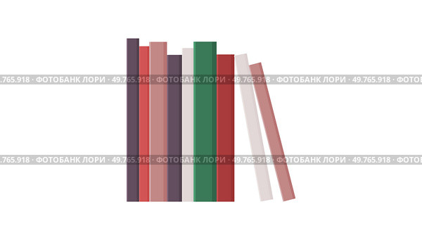 Five books arranged neatly with spines facing forward, standing upright on a surface, with one book leaning. The color palette includes muted reds, greens, and neutrals, perfect for home decor.. Minimalist book arrangement with five books in neutral tones standing upright, one book slightly askew. Стоковая иллюстрация, агентство Ingram Publishing / Фотобанк Лори