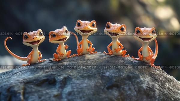 Five cheerful orange geckos posing together on a rock in a sunny forested area, showcasing their playful nature. Стоковое AI-изображение, AI-художник Сергей Толмачёв / Фотобанк Лори