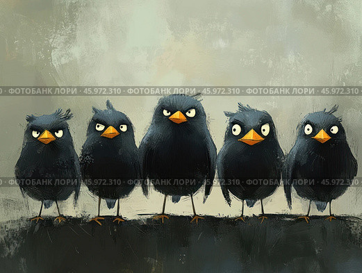 Five funny black birds with expressive faces standing in a row on a surface resembling a branch or a fence. The birds are made in a caricature style, with exaggerated features: large round eyes, bright orange beaks and slightly ruffled feathers. Each bird expresses its own mood: from anger to suspicion, which gives the scene a comic and lively character. The background is neutral, made in textured shades of gray and beige, which allows you to focus on the characters themselves. The whole image is filled with humor and lightness, as if the birds are participating in some funny plot. Стоковое AI-изображение, AI-художник Анна Кривицкая / Фотобанк Лори