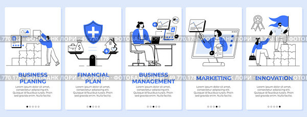 Five panels depict various aspects of business management. A person plans a strategy, financial plan with balance scale, business management desk, marketing with chart, and innovation with a trophy. Business Planning and Management Strategies for Financial Success and Innovation. Стоковая иллюстрация, агентство Ingram Publishing / Фотобанк Лори