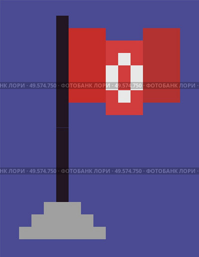 Flag in game vector, 8bit graphics isolated icon in flat style, 80s style of object, cloth fabric material on wooden pole standing on pedestal pixel art. Flag on Pole, Pedestal with Cloth on Wooden Stick. Стоковая иллюстрация, агентство Ingram Publishing / Фотобанк Лори
