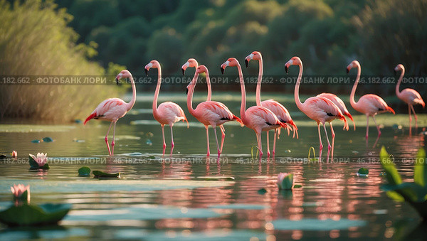 Flamingos wade gracefully in a tranquil lagoon surrounded by lush greenery at golden hour. Стоковое AI-изображение, AI-художник Сергей Толмачёв / Фотобанк Лори
