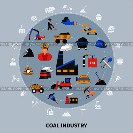 Flat design coal mining industry miner tools and machinery concept on grey background vector illustration. Mining Industry Concept. Стоковая иллюстрация, агентство Ingram Publishing / Фотобанк Лори