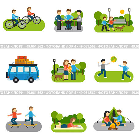 Flat icon outing with people outdoors activities isolated vector illustration. Flat Icon Outing. Стоковая иллюстрация, агентство Ingram Publishing / Фотобанк Лори