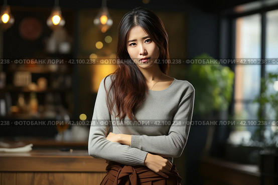 Flatulence ulcer, asian young woman, girl hands in belly, stomach pain from food poisoning, abdominal pain and digestive problem, gastritis or diarrhoea. Abdomen inflammation, menstrual period people. Стоковое AI-изображение, AI-художник Ирина Михайличенко / Фотобанк Лори