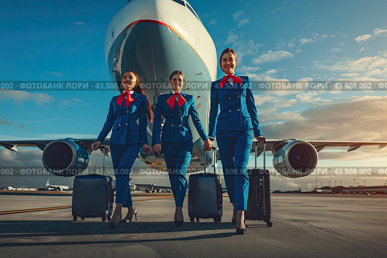 Flight attendants walk from the aircraft with suitcases to the airport building after a long-distance flight. Стоковое AI-изображение, AI-художник Ярославский Максим / Фотобанк Лори