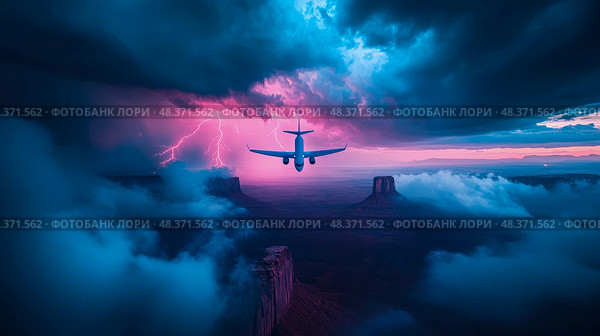Flight Through Storm: Airplane soaring over Mesa landscape with Lightning Strike for Adventure Print. Стоковое AI-изображение, AI-художник Данила Большаков / Фотобанк Лори
