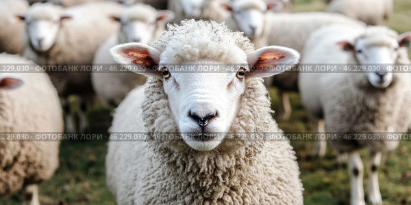 Flock of sheep grazes peacefully in a rustic farm setting alive with nature. Detailed closeup of brown and white sheep herd. Concept of sheep farming and herding. Open-air sheepfold. Farmhouse. Стоковое AI-изображение, AI-художник Евгений Демидюк / Фотобанк Лори