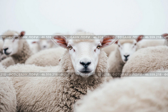 Flock of sheep grazes peacefully in a rustic farm setting alive with nature. Detailed closeup of brown and white sheep herd. Concept of sheep farming and herding. Open-air sheepfold. Farmhouse. Стоковое AI-изображение, AI-художник Евгений Демидюк / Фотобанк Лори