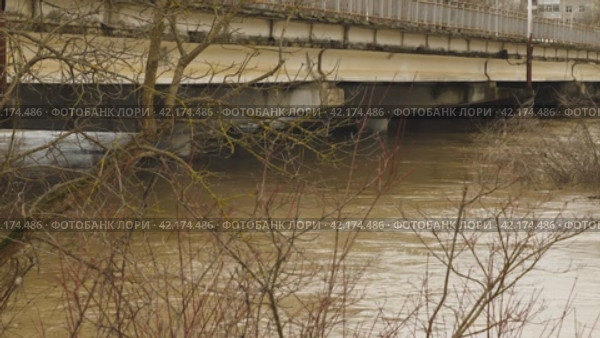 Flood disaster, heavy water flow in a river after a rainstorm. A weather disaster. Muddy river through tree branches. Water almost reaches the top of a car bridge. Natural disasters. Slow motion. Стоковое видео, видеограф Воловодов Владимир / Фотобанк Лори