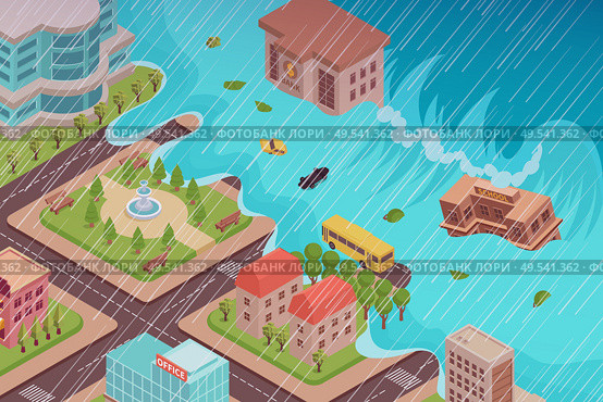 Flood disaster isometric composition with view of city being engulfed by the tidal wave with rain vector illustration. Стоковая иллюстрация, агентство Ingram Publishing / Фотобанк Лори